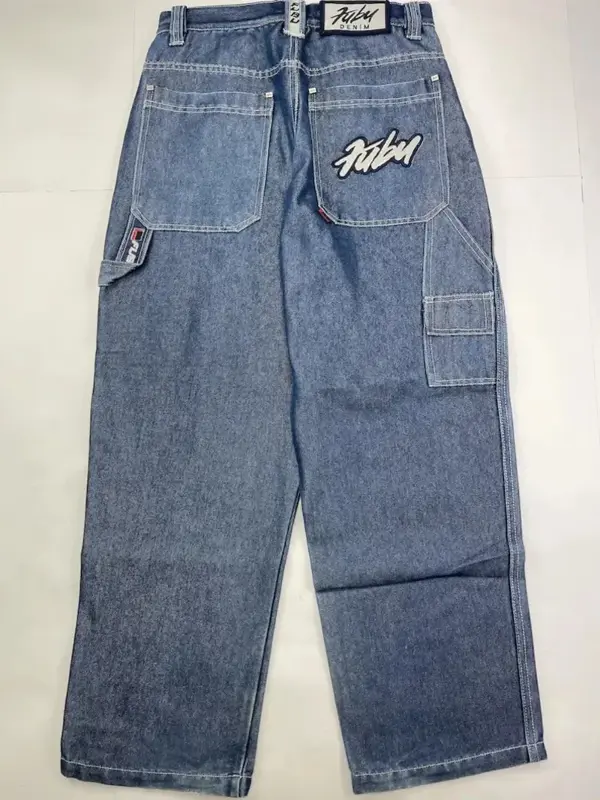 Harajuku hiphopowy sweter FUBU Jeans męskie Y2K wyszywane litery niebieski Vintage workowate dżinsy nowy gotycki szerokie spodnie z wysokim stanem