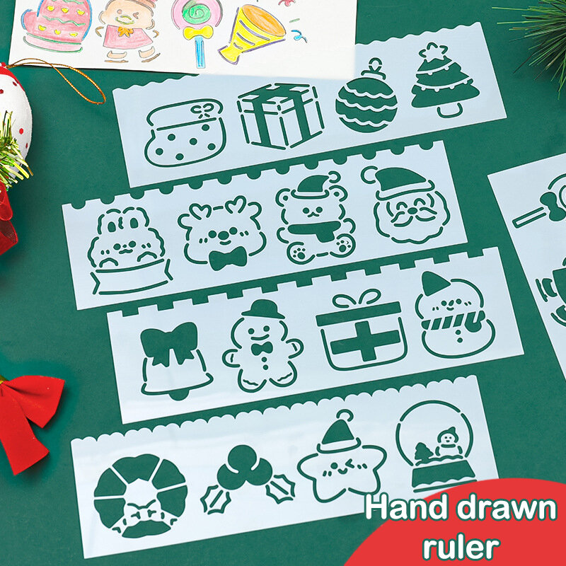 クリスマスパターン中空絵画鉛筆、かわいい漫画のレースの定規、DIYの創造的なスクラップブック、装飾的な描画テンプレート、4個