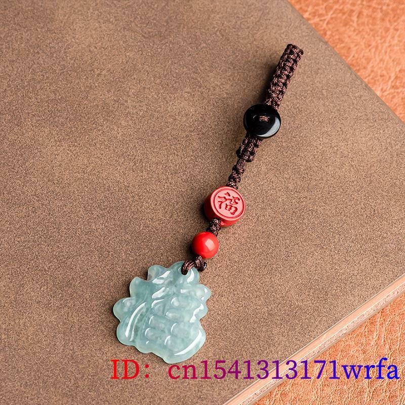 Blue Myanmar Jadeite Fu Keychain Wristlet Gift Real Jewelry Cute Gifts for Women Men Emerald Natural Burmese Jade Strap