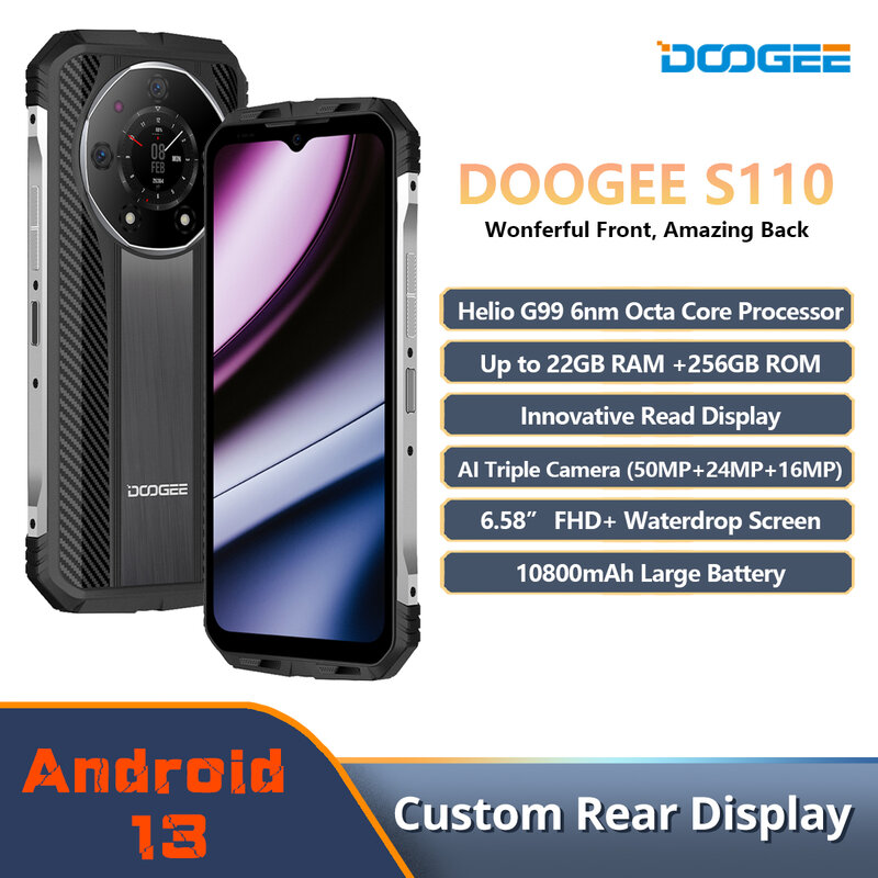 DOOGEE S110 ponsel cerdas layar 6.58 ", ponsel kasar FHD layar tetesan air Helio G99 Octa Core 66W pengisian daya Cepat baterai 10800mAh