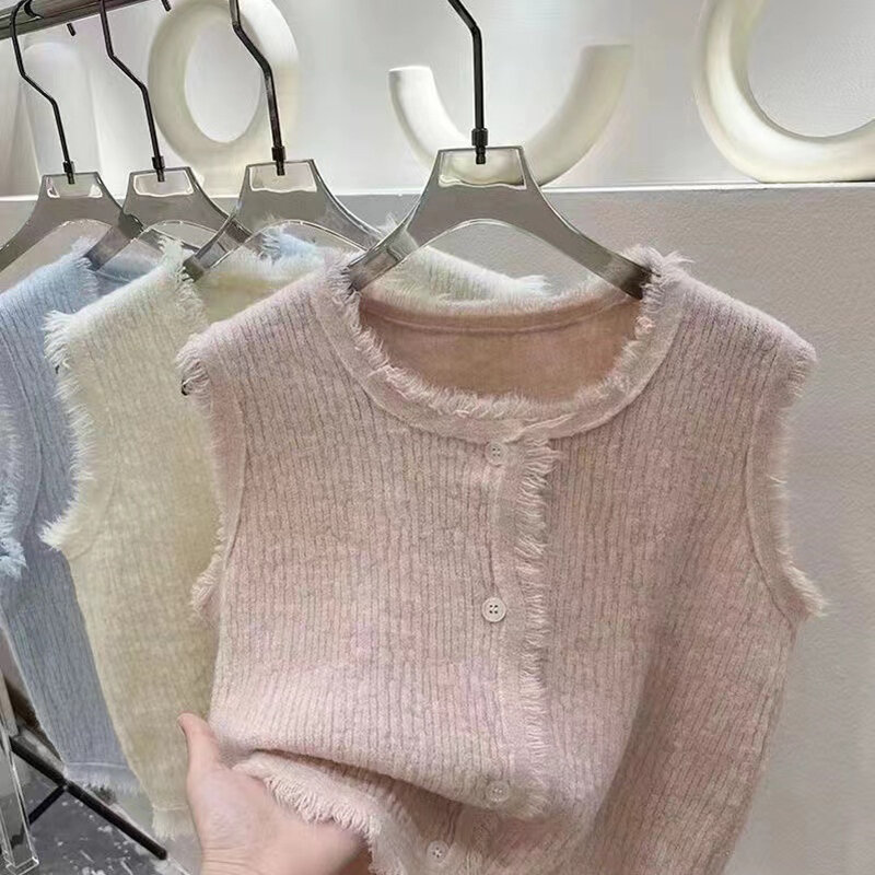 Sweter rompi crop gaya Korea wanita, kardigan rajut polos leher O, rompi sweter tanpa lengan rumbai untuk perempuan 2024