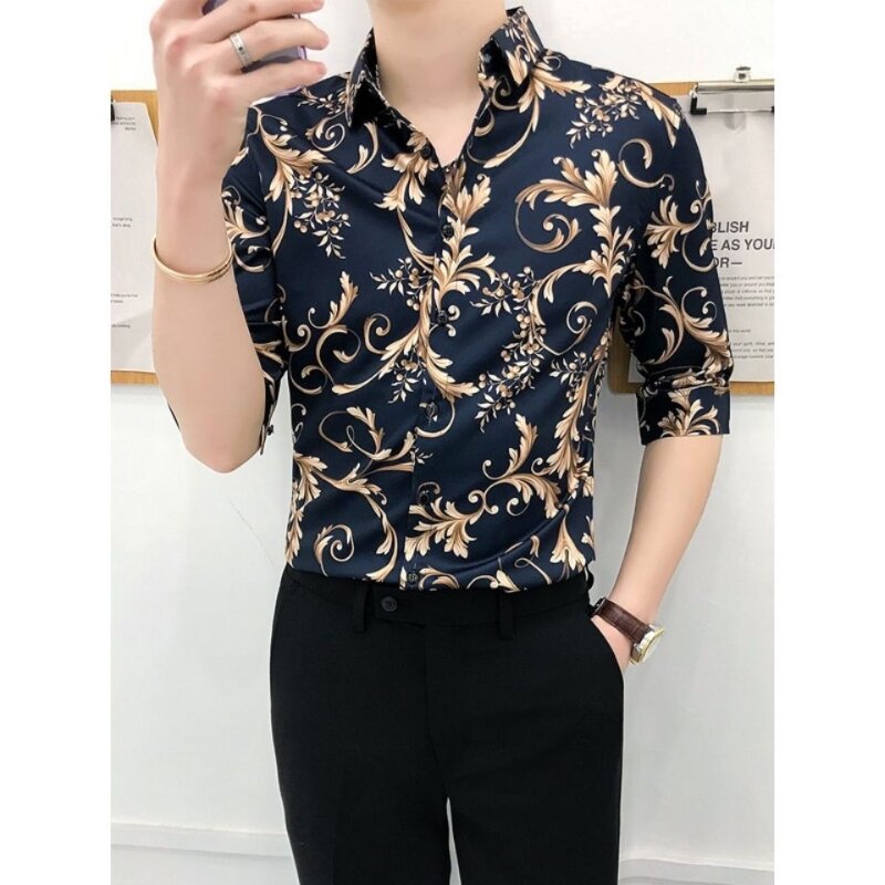 2024 New Korean Edition Casual and Handsome Versatile Fashion Button Printed Middle Sleeve Breathable Slim Fit Men's Shirt Top