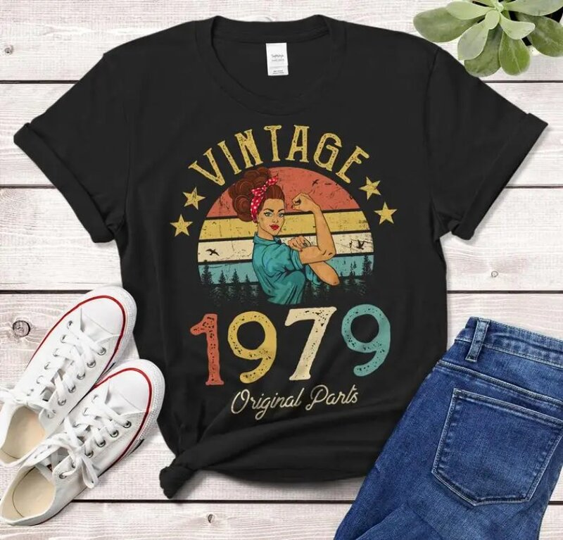 여성용 빈티지 코튼 티셔츠, 43 번째 생일 선물, 코튼 플러스 사이즈, 레이디 의류, O넥 반팔, 미적 1979 티