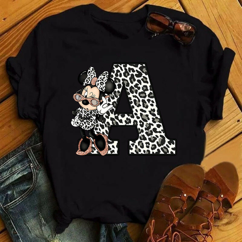 Disney Leopard Minnie Mouse A-Z 26 angielskie litery T-shirt damski czarny topy T-shirt dla kobiety