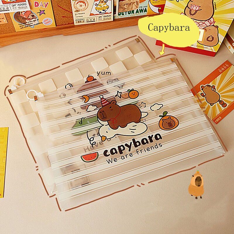 Capybara Transparent Zipper Pouch Storage Bag File Organizer File Folders Pouch A4 Size Large Capacity Capybara PP File Bag