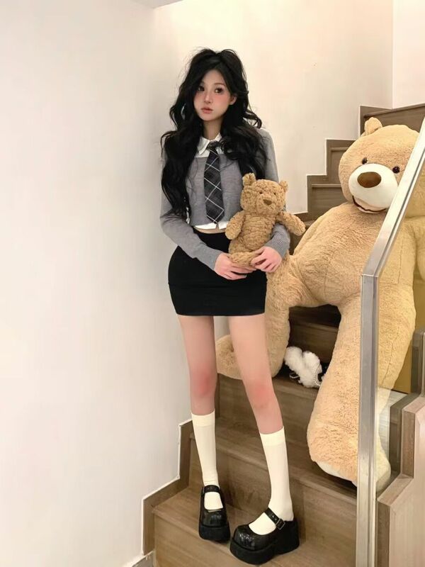 Korean Academy Style Set Wrapped Hip Dress Fashion Y2k Style Long Sleeve Shirt Three Piece Set Girl Sweet Hot Jk Uniform Set