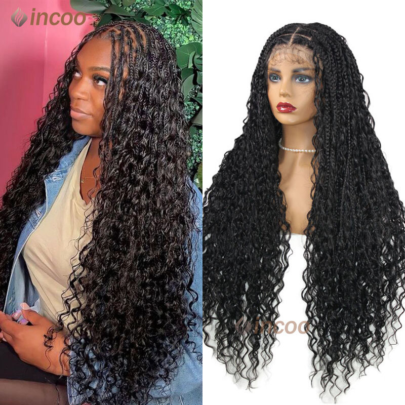 36" Full Lace Frontal Wigs For Women Bohemian Goddess Braided Wig With Baby Hair Synthetic Knotless Box Braided Wig Lace Frontal