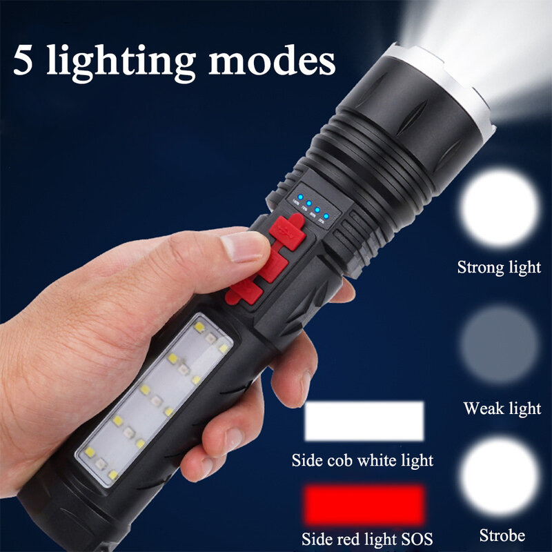 Lanterna LED de Alto Lúmen XHP50, Lanterna Impermeável, Zoom Telescópico, Lanterna SOS, USB Recarregável, Tipo-C