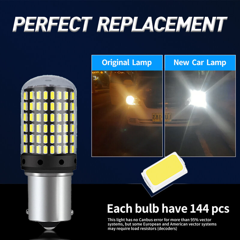 モーターサイクルウインカー用LED電球,リバースシグナル照明,Bau15s,1156,p21w,7440/5w,1157 bay15d,7443 3157,144smd,2個