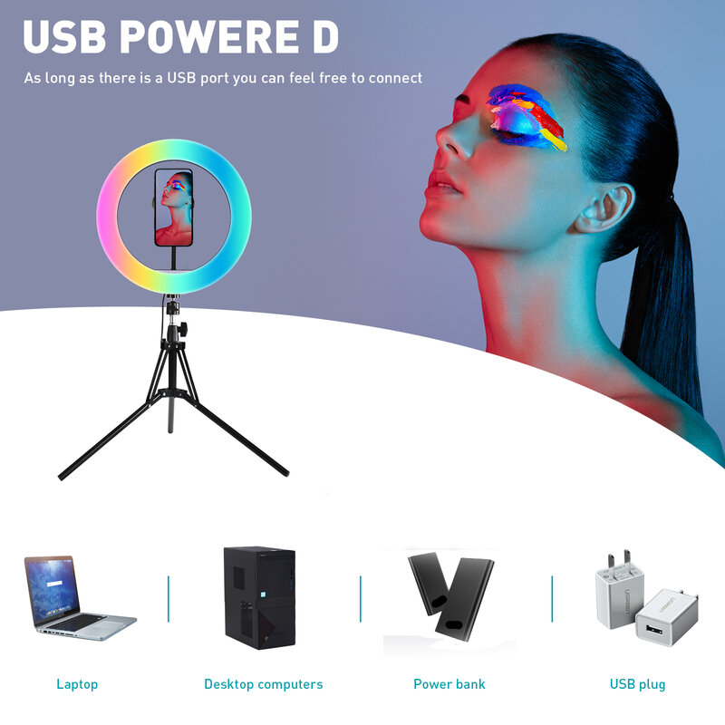 Anneau lumineux LED RGB avec trois prises USB, éclairage annulaire pour photographie, appareil photo, téléphone, Youtube, maquillage, en direct