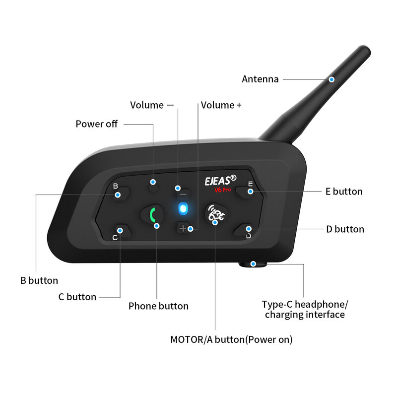 EGuitar-Oreillette Bluetooth pour moto AS V6 PRO +, appareil de communication pour casque, intercom pour 6 motocyclistes, 800m, communicateur V5.1, lecteur de musique, talkie walperforé, étanche