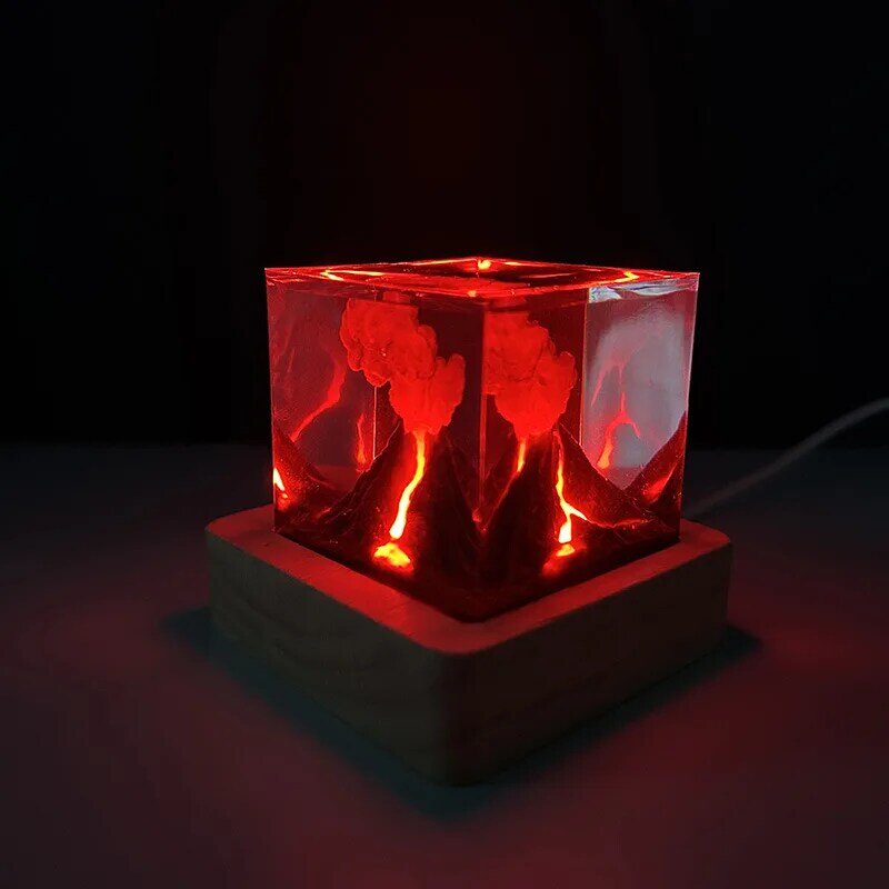 5Cm Kubus Organisme Hars Tafellamp Creactieve Kunst Decoratie Lamp Vulkaan Uitbarsting Thema Nachtlampje Usb Lading