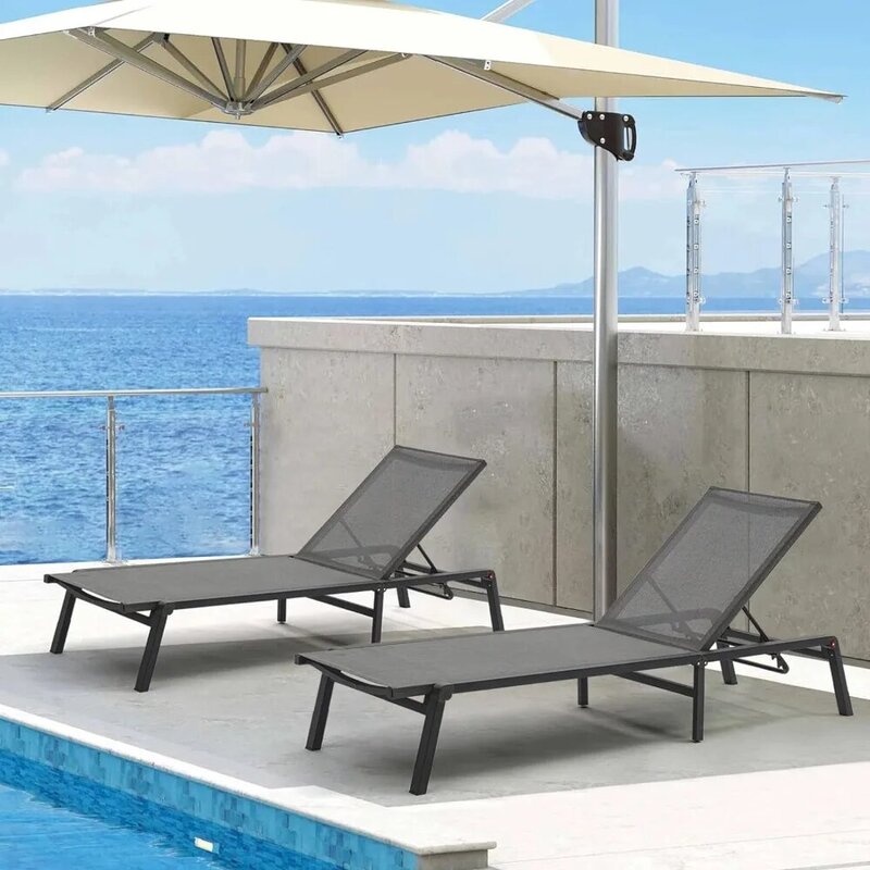 Chaise longue in alluminio da esterno, Chaise longue da giardino senza montaggio Set di 2, Chaise longue da piscina per abbronzatura piatta