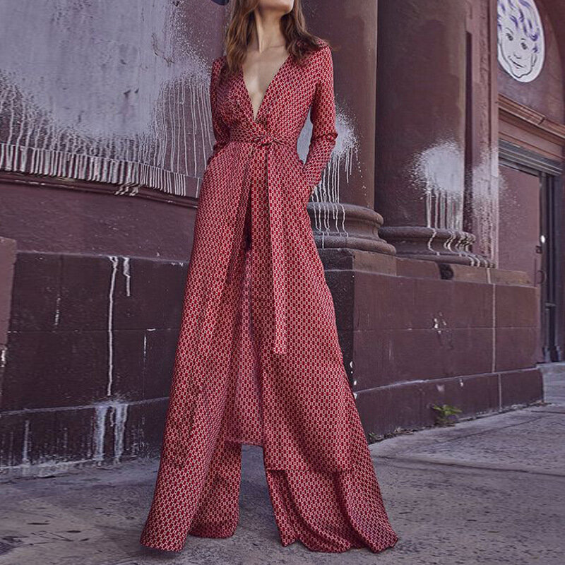Spring and summer new women's new long sleeve lace-up jumpsuit deep V pants