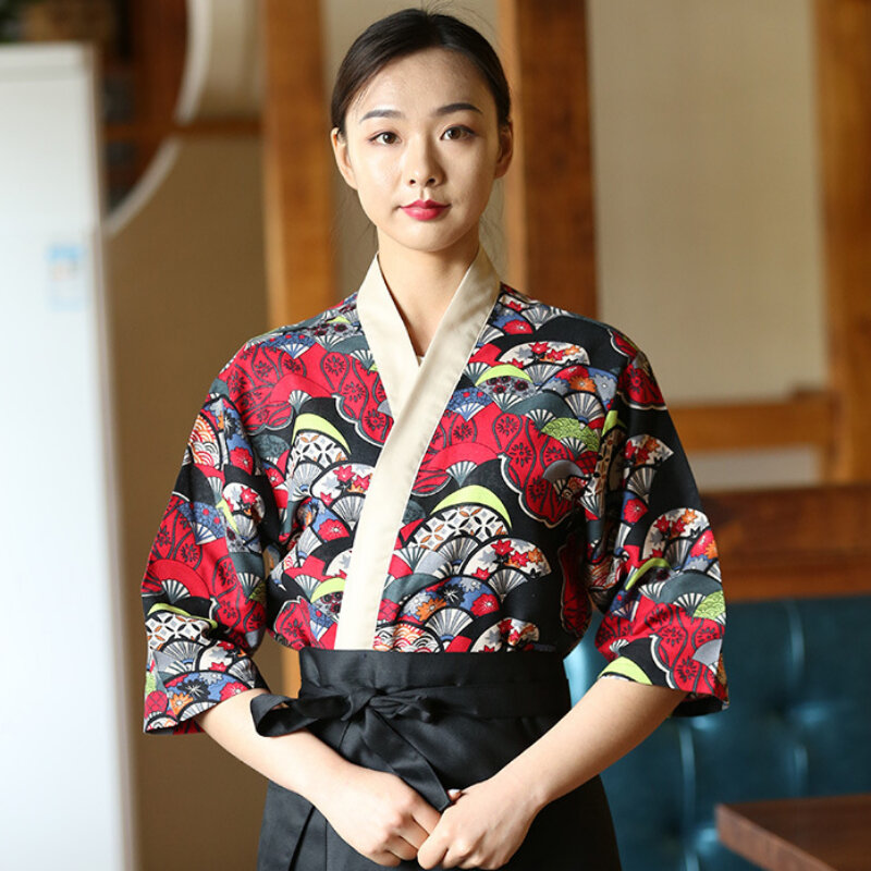 男性と女性のためのスタイリッシュな日本の寿司のユニフォーム、レストラン、ウェイター、イヤリングのための着物