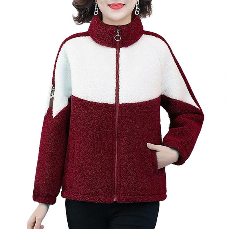 Colorblock Lady Coat Cozy Colorblock Winter Coat Plush Warm Stand Collar Cardigan for Women Stylish Neck Protection with Zipper
