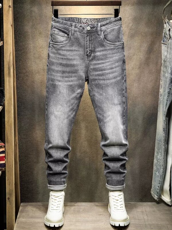 Jeans vintage slim fit elástico masculino, calça jeans cinza retrô, calça casual, novo designer, lazer, estilo coreano