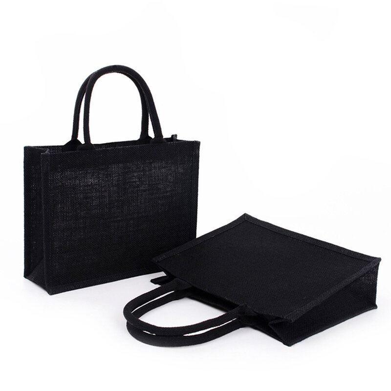 Black Burlap sacola com alça, linho Eco-Friendly bolsas, grande capacidade, portátil, Pacotes Commuter, versátil, sacos de compras