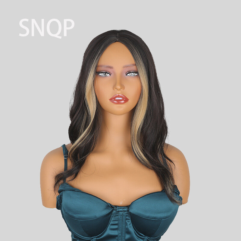 SNQP-Peluca de pelo largo y rizado para mujer, pelo negro con Rubio, resistente al calor, fibra de alta temperatura, para fiesta de Cosplay diaria, 50cm
