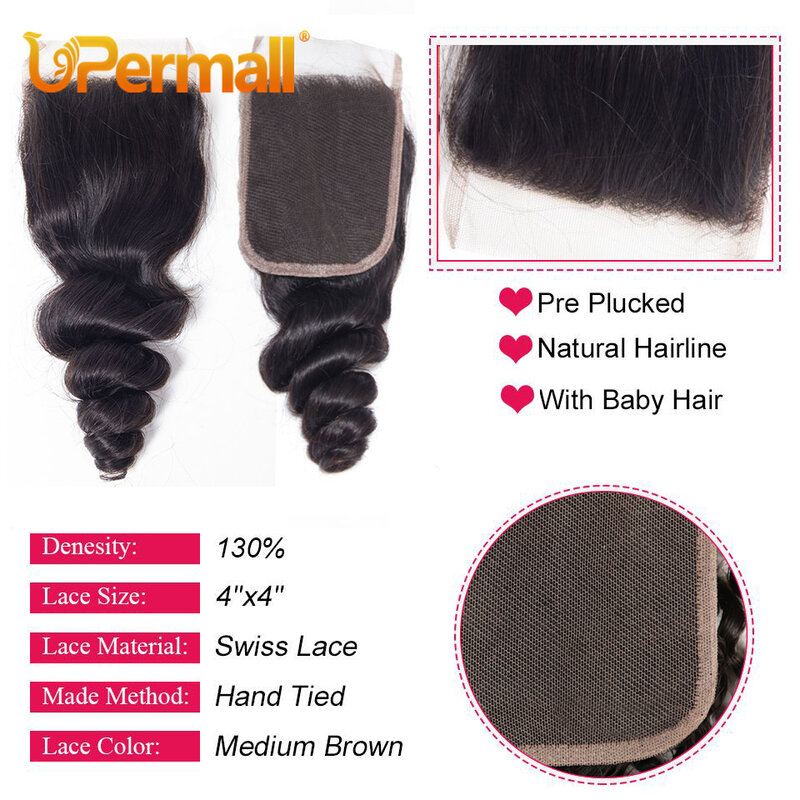 Upermall Loose Wave 5x5 4x4 Lace Closure Pre Plucked Swiss HD Transparent 13x4 Ear To Ear Frontal Free Part 100% Remy Human Hair