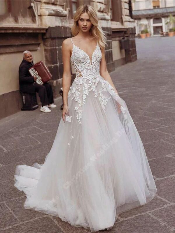 Luxury Lace Flower Print Wedding Dresses Appliques Sleeveless Spaghetti Strap Tulle Bridal Gowns New Backless Solid Bride Robes