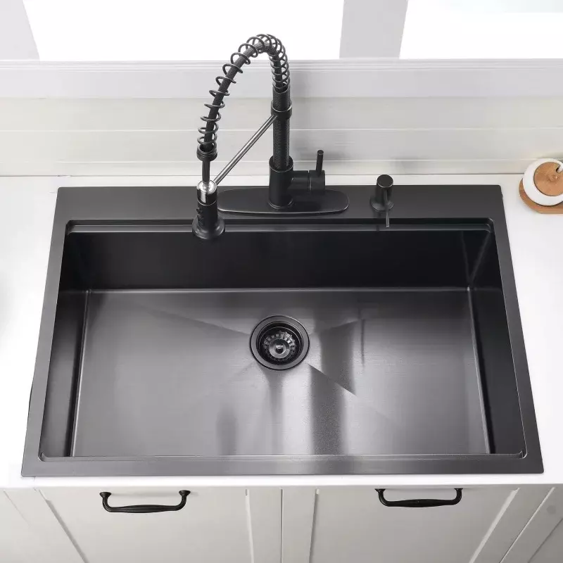 محطة عمل حوض المطبخ VOKIM-Drop ، أسود ، جونميتال ، أسود ، وعاء مفرد ، 16 مقياس ، فولاذ مقاوم للصدأ ، 10 بوصة ، 33 × 22 بوصة ، 33 × 22 بوصة