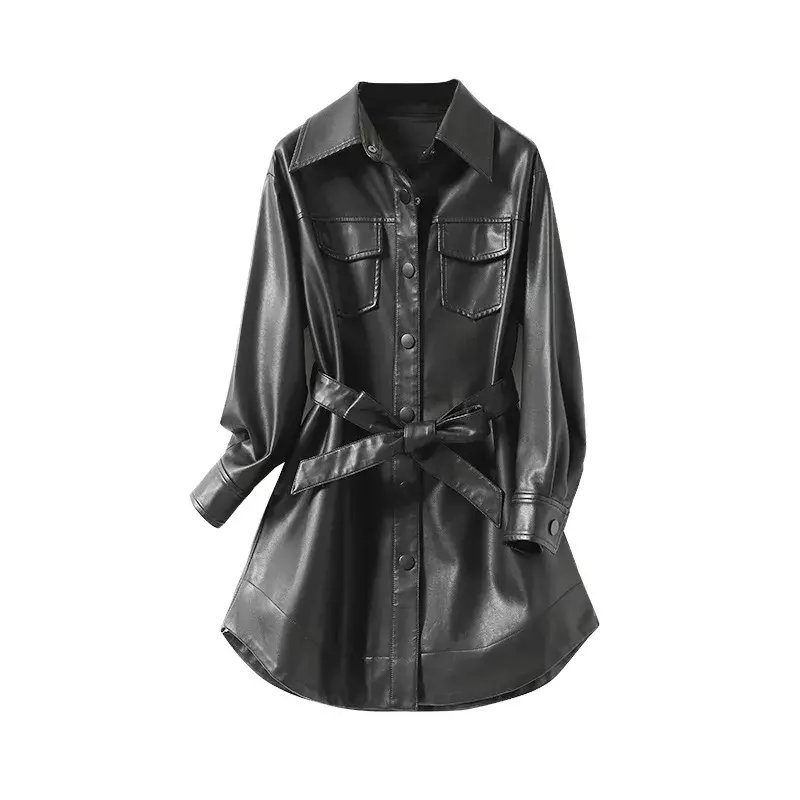 Chaqueta de cuero negro Para Mujer, abrigo ajustado de longitud media, cortavientos elegante, 2023