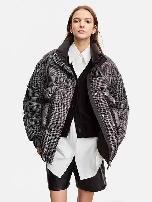 AMII Women's Gingham White Duck Down Coats 2023 Winter Loose Down Jackets High Stand Collar Thick Warm Outerwear Female 12344054