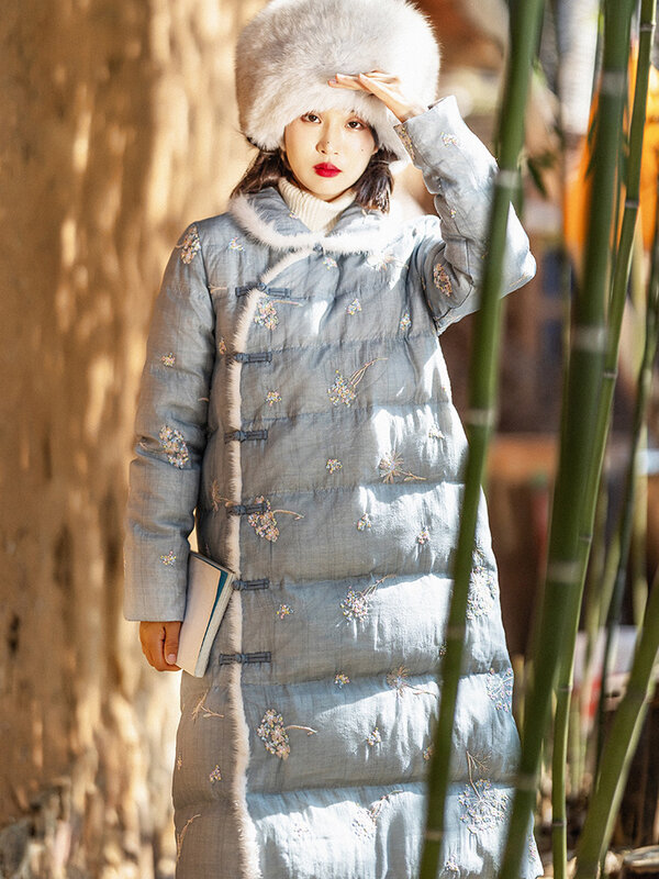 Schnalle Daunen jacke im chinesischen Stil Damen Winter Mittellanger Nerzfell Revers Baumwolle gepolsterter Mantel Winter