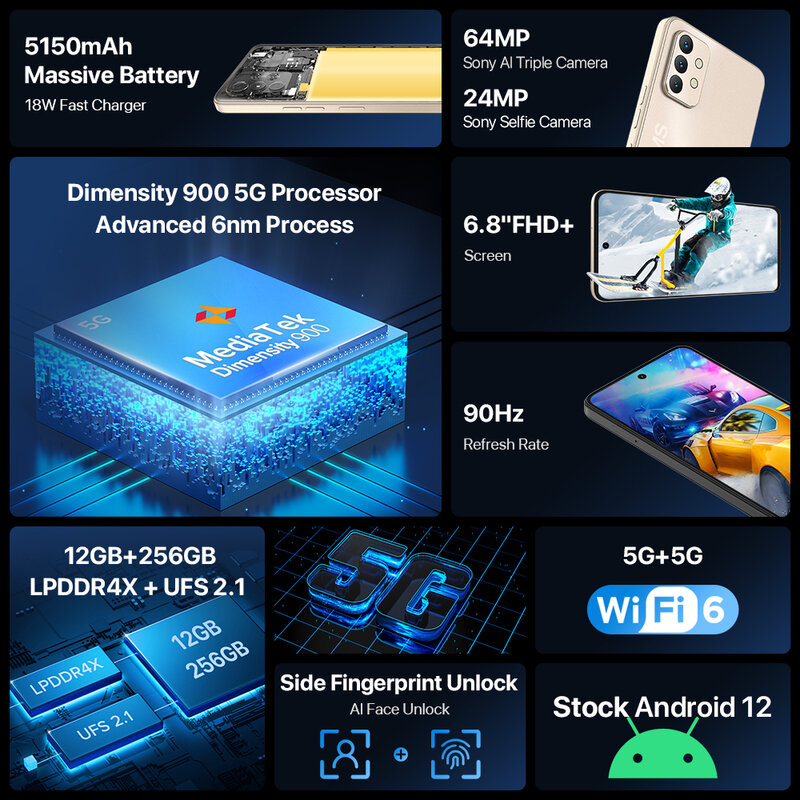UMIDIGI-teléfono inteligente A13 Pro Max 5G, Dimensity 900, 12GB + 256GB, cámara de 64MP, pantalla FHD de 6,8 pulgadas, batería de 5150mAh, 18W, Android