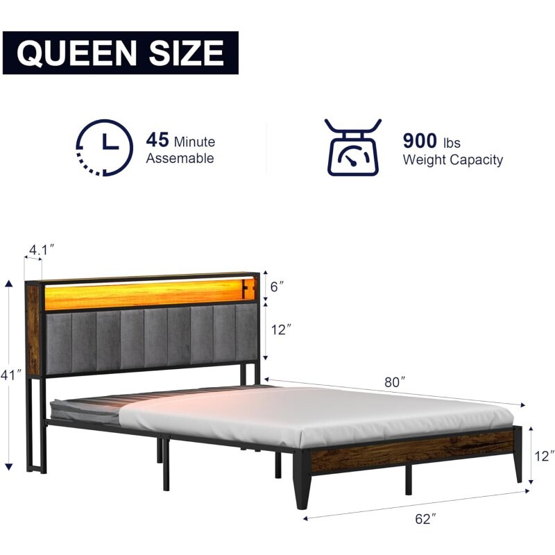 Queen Bed Frame, Queen Size Metalen Platform Met Opslag & Led Licht Hoofdeinde En 1 Type C & 2 Usb Laadstation, Nee