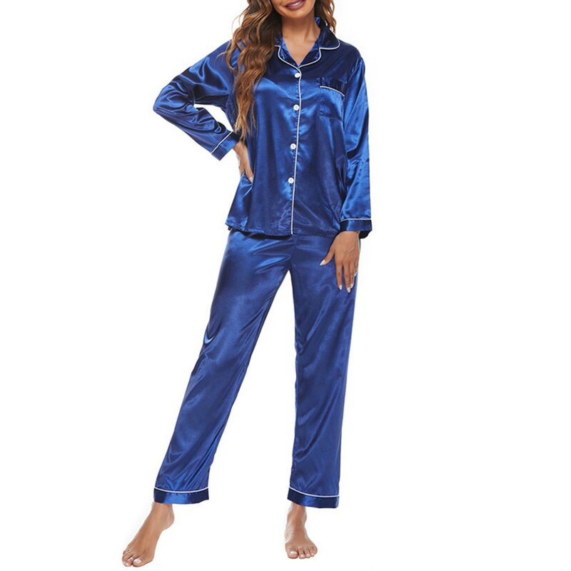 Комплект пижамный женский атласный, мягкая удобная рубашка с отложным воротником, длинная ночная рубашка, одежда для дома, однотонный комплект из двух предметов