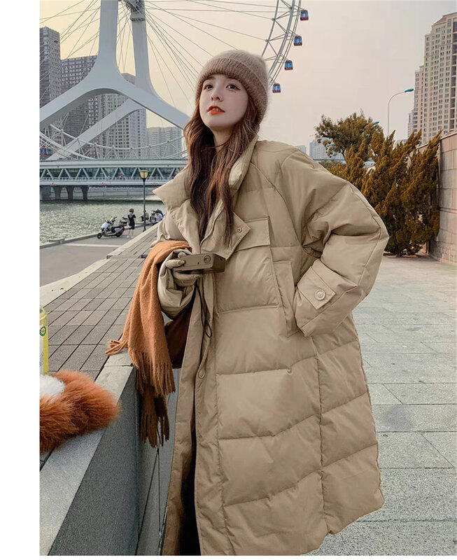 Jaket wanita kerah berdiri bergaya Korea, jaket katun untuk wanita di musim dingin, Jack katun selutut longgar panjang setengah tebal