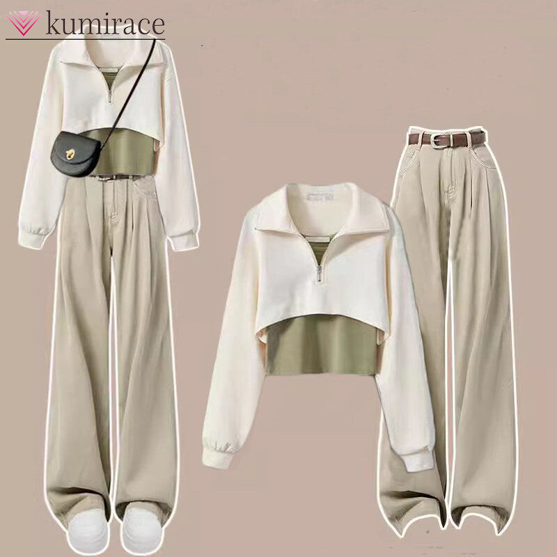 Conjunto coreano de calça jeans de cintura alta e blusa comprida solta para mulheres, suéter e calça, primavera e outono, 3 peças