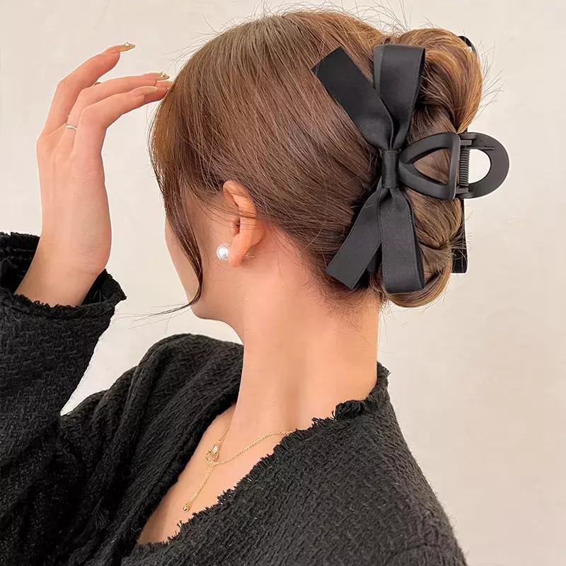 Hitam putih cakar rambut ikatan simpul besar Satin busur klip rambut antik Barok Satin jepit rambut kepiting untuk elegan aksesoris rambut wanita
