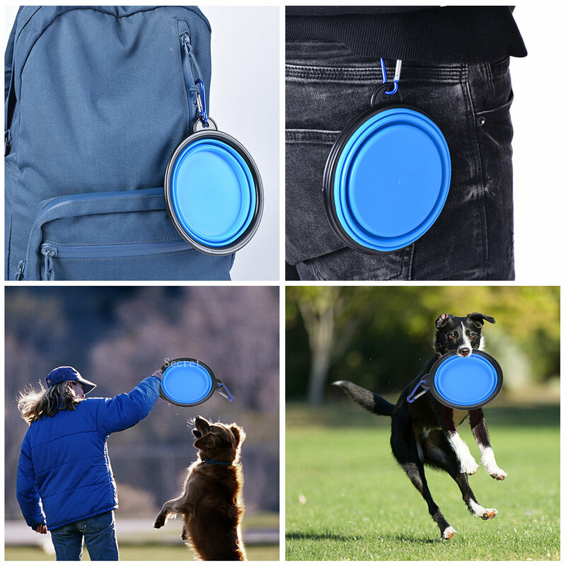 Mangkuk air makanan anjing silikon hewan peliharaan dapat dilipat, perlengkapan lipat portabel perjalanan berkemah luar ruangan dengan Carabiner