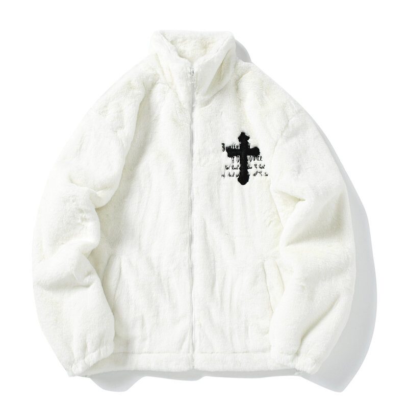 Men Rabbit Fur Jacket Coats Hip Hop Cross Letters Winter Fleece Jacket Streetwear Casual Harajuku Coat Zip Up Fashion Outerwear