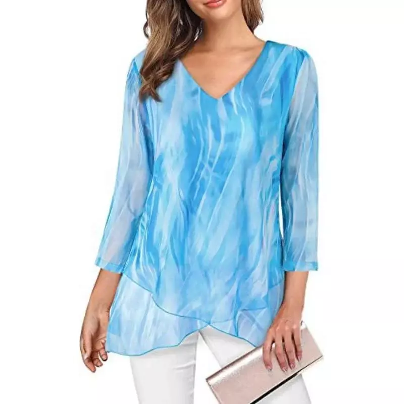 Jersey con cuello en V para mujer, camiseta asimétrica con dobladillo de siete mangas, estampado de color sólido, elegante, primavera y otoño