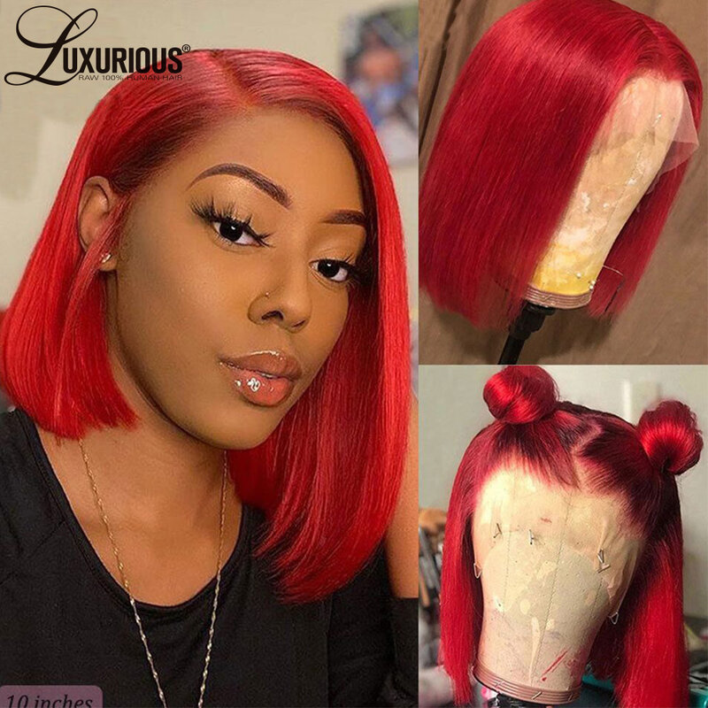 Red 13x4 Straight Short Lace Wigs For Black Women Brazilian Virgin Pre Plucked Human Hair Bob Wigs Hd Transparent Lace Front Wig