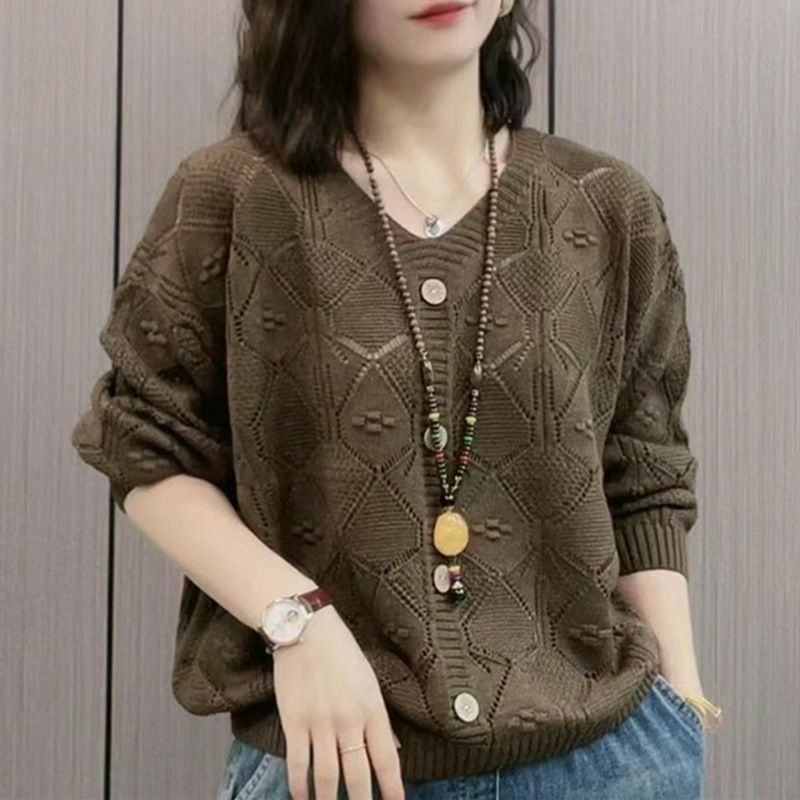 Simple versatile new spring autumn solid color hollow V-neck women's button pull over fashion loose long sleeved knitted top