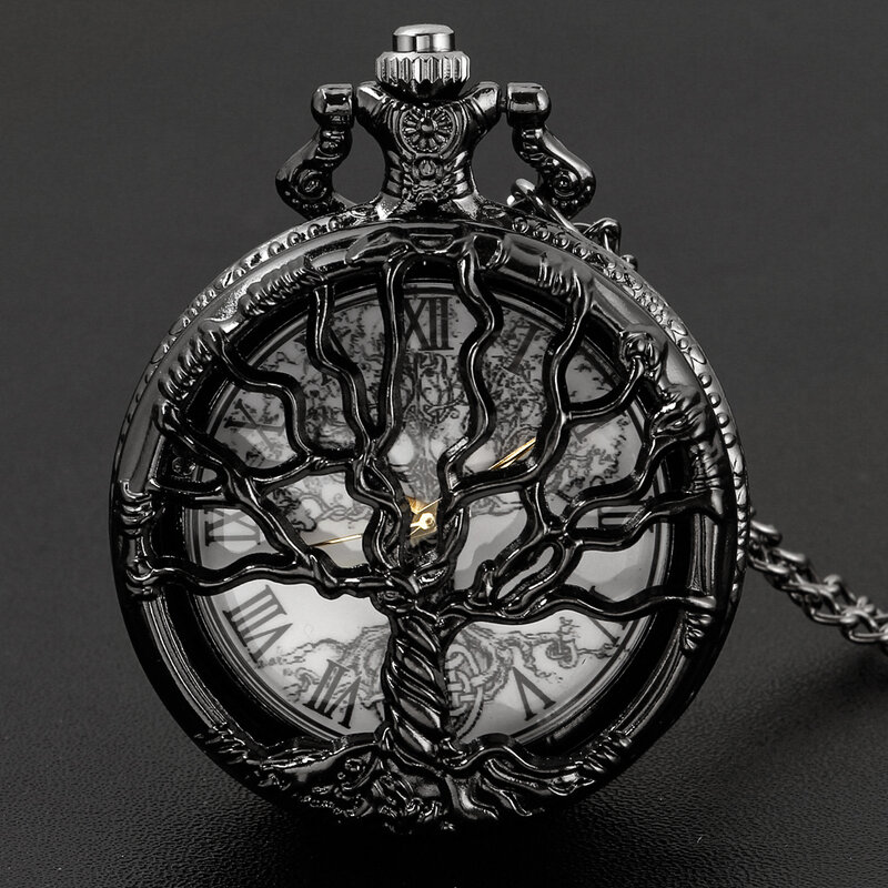 Vintage All Black Pocket Watch Tree of Life Pattern Sketch Ink Painting Dial Pockets Watch Antique Necklace Quartz fob Clock