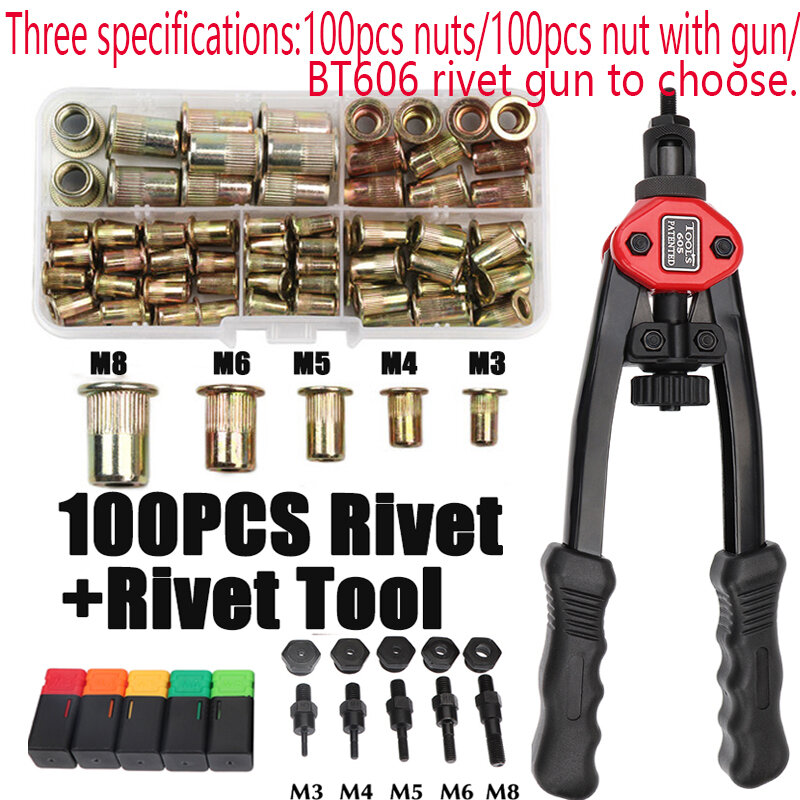 100Pcs Rivet Nut + เกลียว Rivet ถั่วปืน BT606 M3 M4 M5 M6 M8คู่ใส่ด้วยตนเอง Riveter ปืนโลดโผน Rivnut Rivet เครื่องมือ