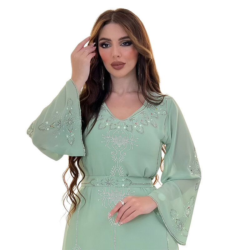 Abaya Muslim poliester untuk wanita musim panas elegan oranye biru merah muda hijau Muslim wanita lengan panjang leher-v poliester Abaya panjang