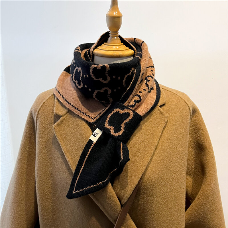 女性用ニットウール糸のスカーフ,厚くて柔らかいニットのスカーフ,女性用の動物柄のチェック柄,トレンディな2022