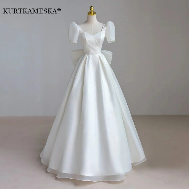 Francuski luksusowe białe satynowe suknie ślubne Maxi dla panny młodej 2022 eleganckie Sexy Slim bufiaste rękawy długa suknia na bal maturalny kobiety vestidos