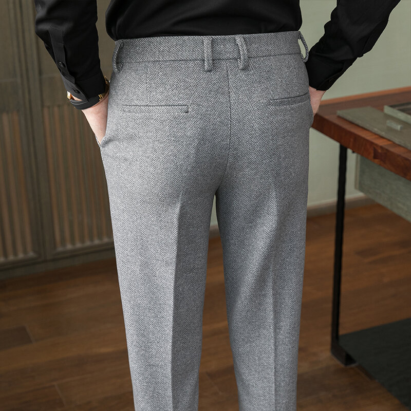 Новые серые мужские шерстяные брюки QJ CINGA, осенне-зимние плотные брюки, мужские облегающие деловые брюки, мужские Модные брюки 28-36