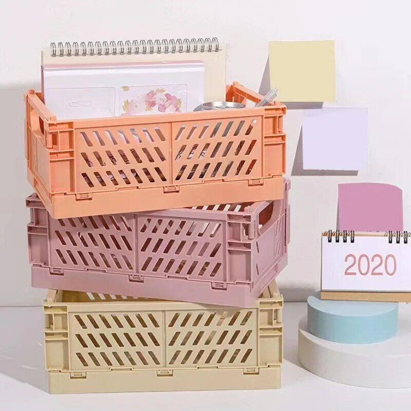 Creative Foldable Storage Boxes Student Desktop Collapsible Crate Organizer Tape Stationery Cosmetic Rack Folding Storage Basket
