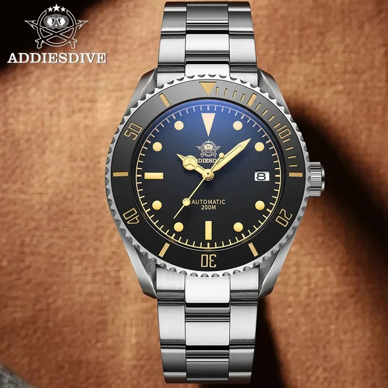 ADDIESDIVE-Relógios mecânicos automáticos masculinos, relógio de pulso de couro vintage, Mergulho 200m, Luxo NH35 Sapphire, AD2101