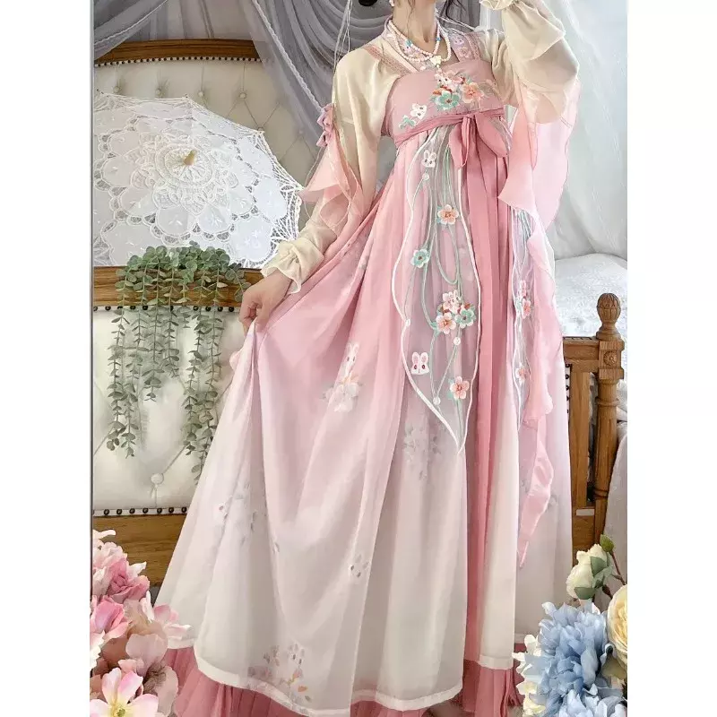 女性のためのエレガントなダンスドレス,伝統的な衣装,カーニバルの妖精のコスプレ,刺繍された古代の衣装,ピンク色,十分な袖