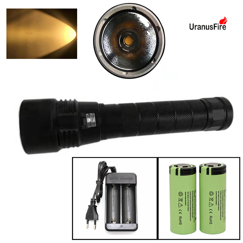 XHP50/XHP70/Yellow/White LED Underwater Dive Light Waterproof Spearfishing Torch lamp+ Rechargerable 26650 Battery  ip68